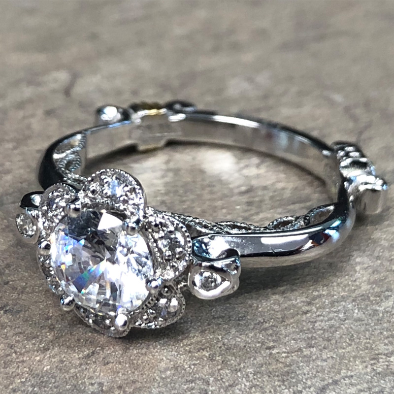 14K White Gold Floral Halo Engagement Ring